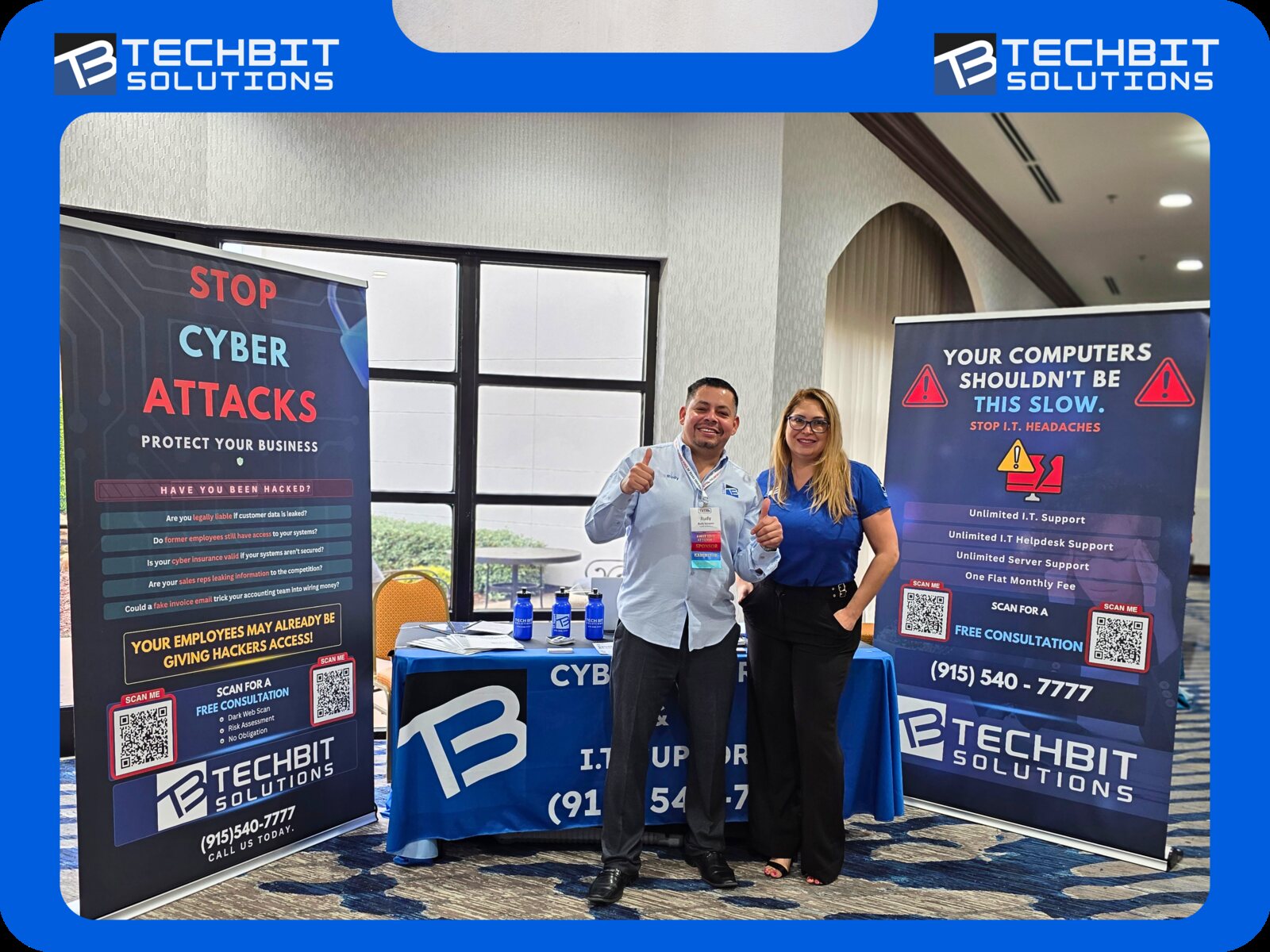 Rudy Vazquez and Kathy Hernandez of TechBit Solutions at their cybersecurity and IT support booth at the 2026 Texas Trucking Association Spring Seminar in Waco, Texas