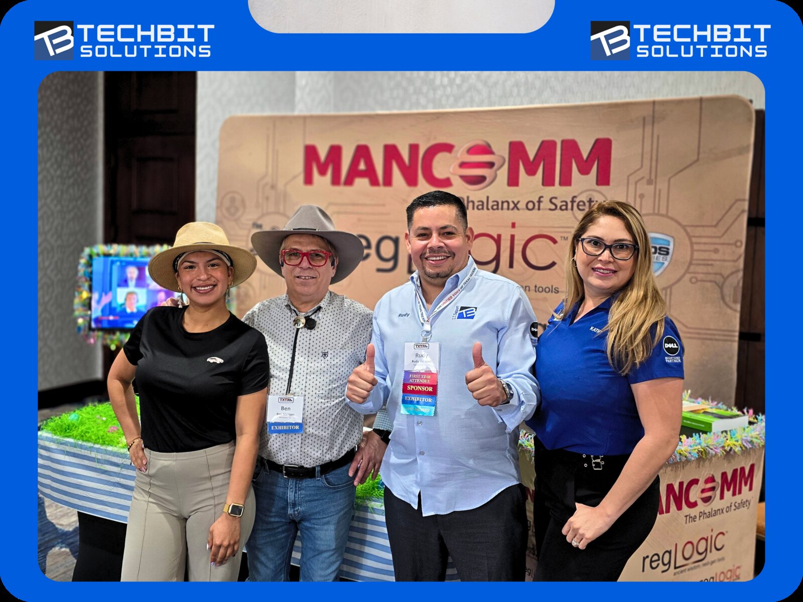 Rudy Vazquez y Kathy Hernandez de TechBit Solutions con Ben, director general de Mancomm, en el Seminario de Primavera 2026 de la Asociaci&oacute;n de Camioneros de Texas, en Waco, Texas